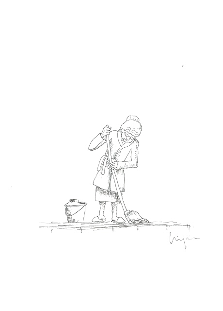Old lady mopping sidewalk. Illustration by Virgínia Jiménez Perez